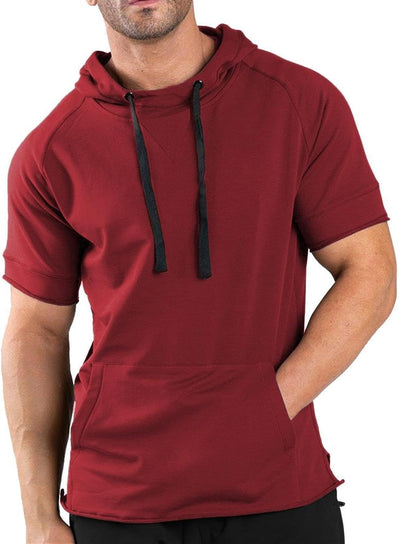 Men'S Short Sleeve Hoodie Workout Gym Sweatshirt Muscle Fit Fashion Athletic Hoodies Pullover Cotton Hooded T-Shirts