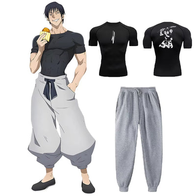 Anime Jujutsu Kaisen Toji Compression Shirt Set Casual Performance Set Men'S Athletic Workout Quick Dry Tee+Sweatpants Unisex